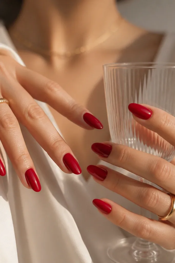 Affordable red almond nails that look pricey