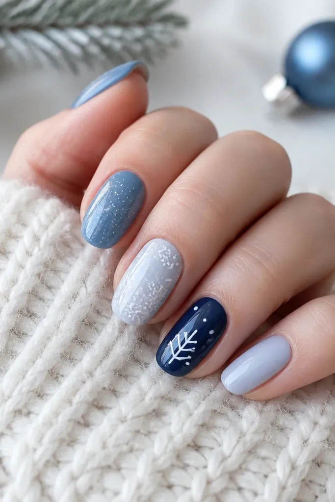 Modern minimalist winter christmas nails in blue